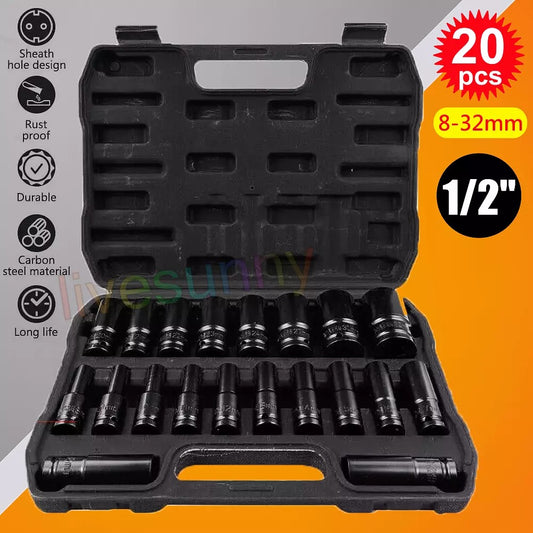 20PCS Deep Impact Socket Set 1/2 Inch Drive.6 Point Metric 8-32mm Heavy Duty Kit