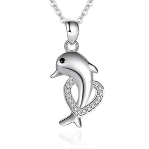 925 Sterling Silver Dolphin Crystal Heart Pendant