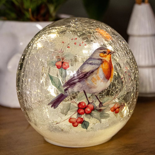 Battery Operated Light up Robin Crackle Glass Ball