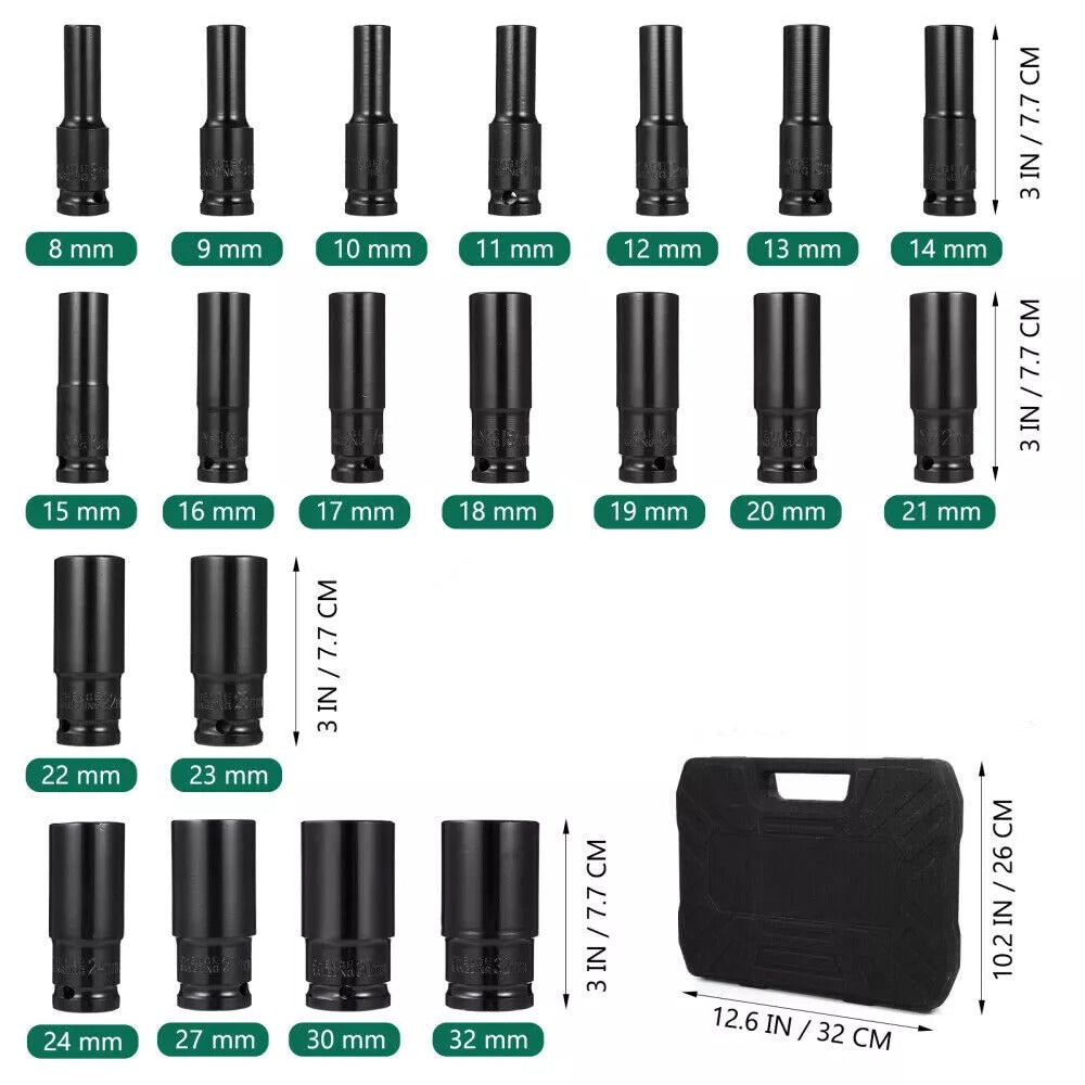20PCS Deep Impact Socket Set 1/2 Inch Drive.6 Point Metric 8-32mm Heavy Duty Kit