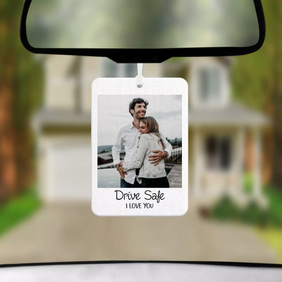 Personalised Car Air Freshener Any Photo plus text, + 1ml fragrance bottle, Gift