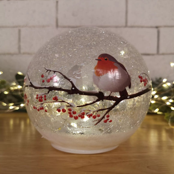 Battery Operated Light up Robin On Branch Crackle Glass Ball