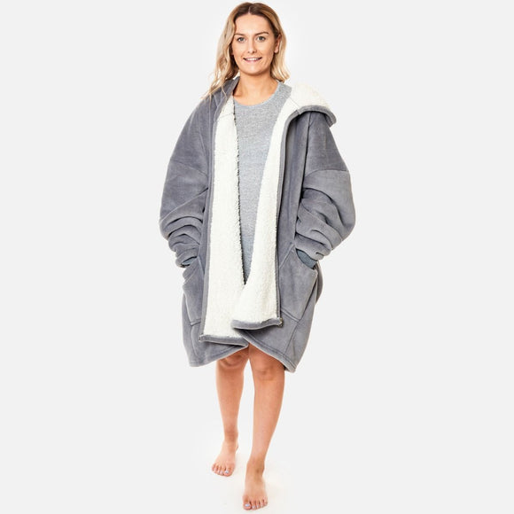 Sherpa Zip Up Hoodie Blanket, Charcoal - One Size