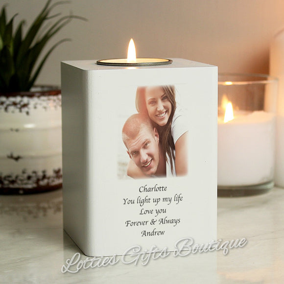 Personalised Photo Upload White Wooden Tea light Holder