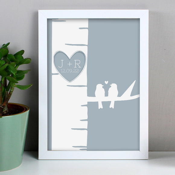 Personalised Grey Love Birds White A4 Framed Print