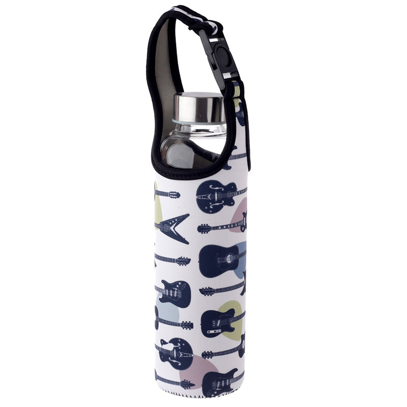 Reusable 500ml Glass Water Bottle with Protective Neoprene Sleeve - Headstock Guitar