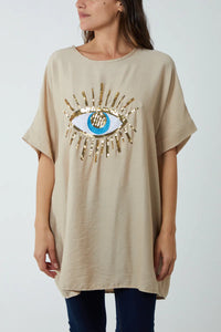 Sequin Evil Eye Short Sleeve Tshirt Dress