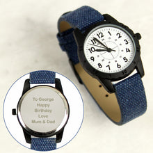 Load image into Gallery viewer, Personalised Black with Blue Canvas Strap Boys Watch