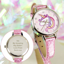 Load image into Gallery viewer, Personalised Unicorn with Pink Glitter Strap Girls Watch
