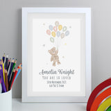 Personalised Teddy & Balloons A4 White Framed Print