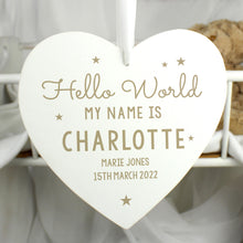 Load image into Gallery viewer, Personalised Hello World Wooden Heart Decoration
