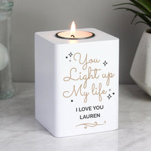 Load image into Gallery viewer, Personalised Light Up My Life White Wooden Tea light Holder
