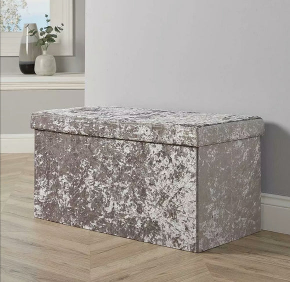 Large Folding Ottoman Silver Ice Velvet Fabric Chest Solid Storage Space Saving