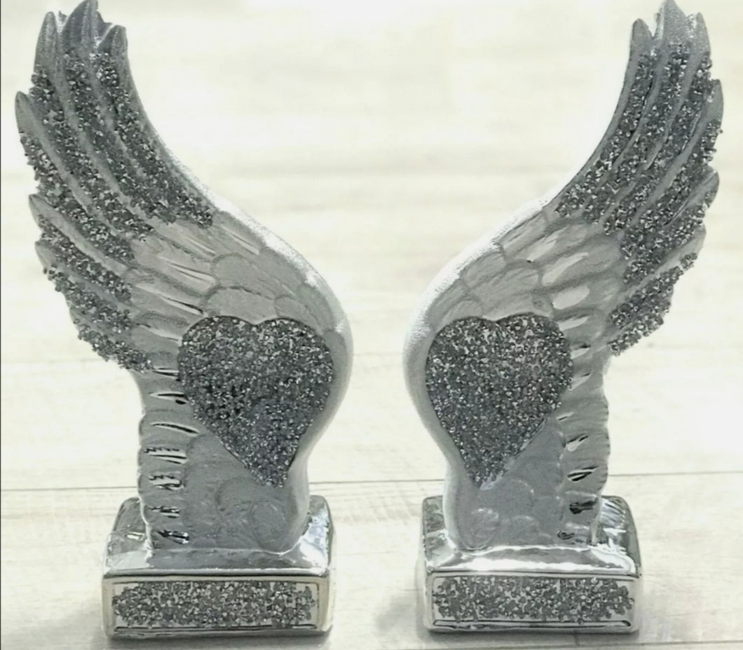 SILVER CRUSHED DIAMOND SPARKLY PAIR WINGS ANGEL DECORATION SHELF SITTER BLING