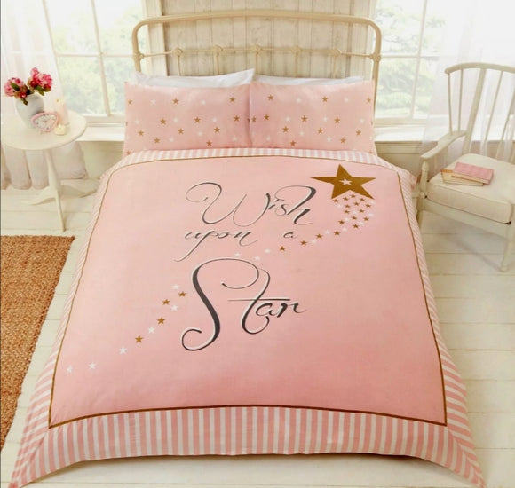 WISH UPON A STAR DUVET COVER KIDS GIRLS SINGLE LINEN BEDDING QUILT SET PINK GOLD