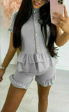 Womens Ladies Frill Peplum Button Rib Two Piece Short  Set