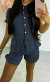 Womens Ladies Frill Peplum Button Rib Two Piece Short  Set