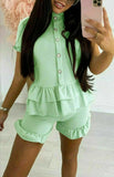 Womens Ladies Frill Peplum Button Rib Two Piece Short  Set