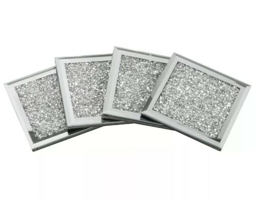 Set Of 4 SPARKLY Square Silver Mirrored Crushed Crystal Coasters